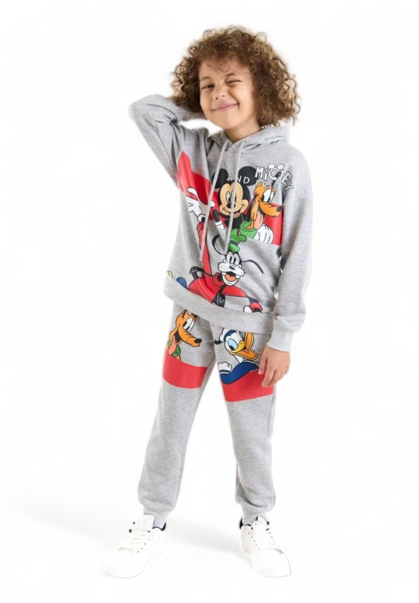 Φόρμα βαμβακερή για αγόρι Cimpa Disney Mickey Goofy Pluto με κουκούλα σε γκρί