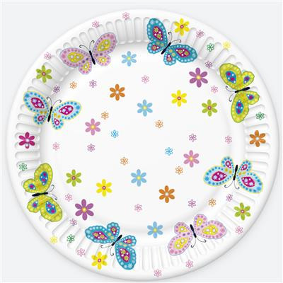 Butterfly With Flowers Σετ Χάρτινα Πιάτα 8 Τεμαχίων για Πάρτι 22.7 cm