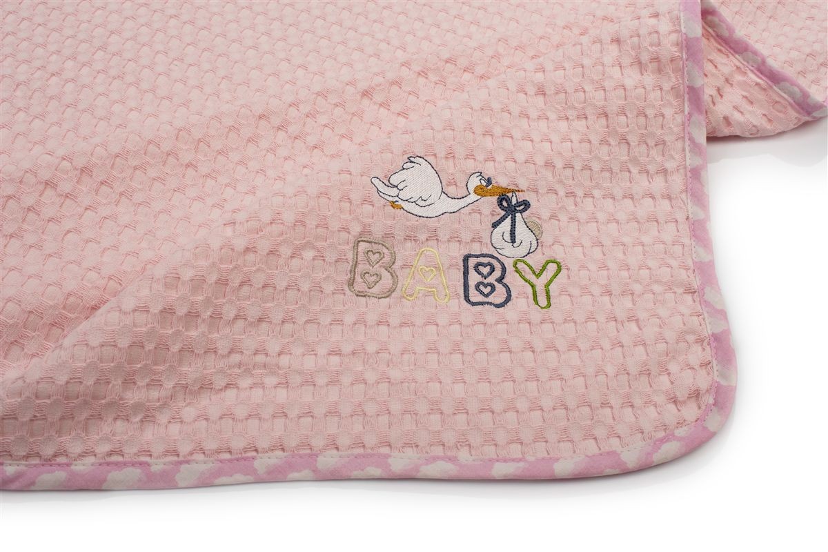 Κουβέρτα Πικέ Με Κέντημα bebe Stork 192 100X160 Pink 100% Cotton