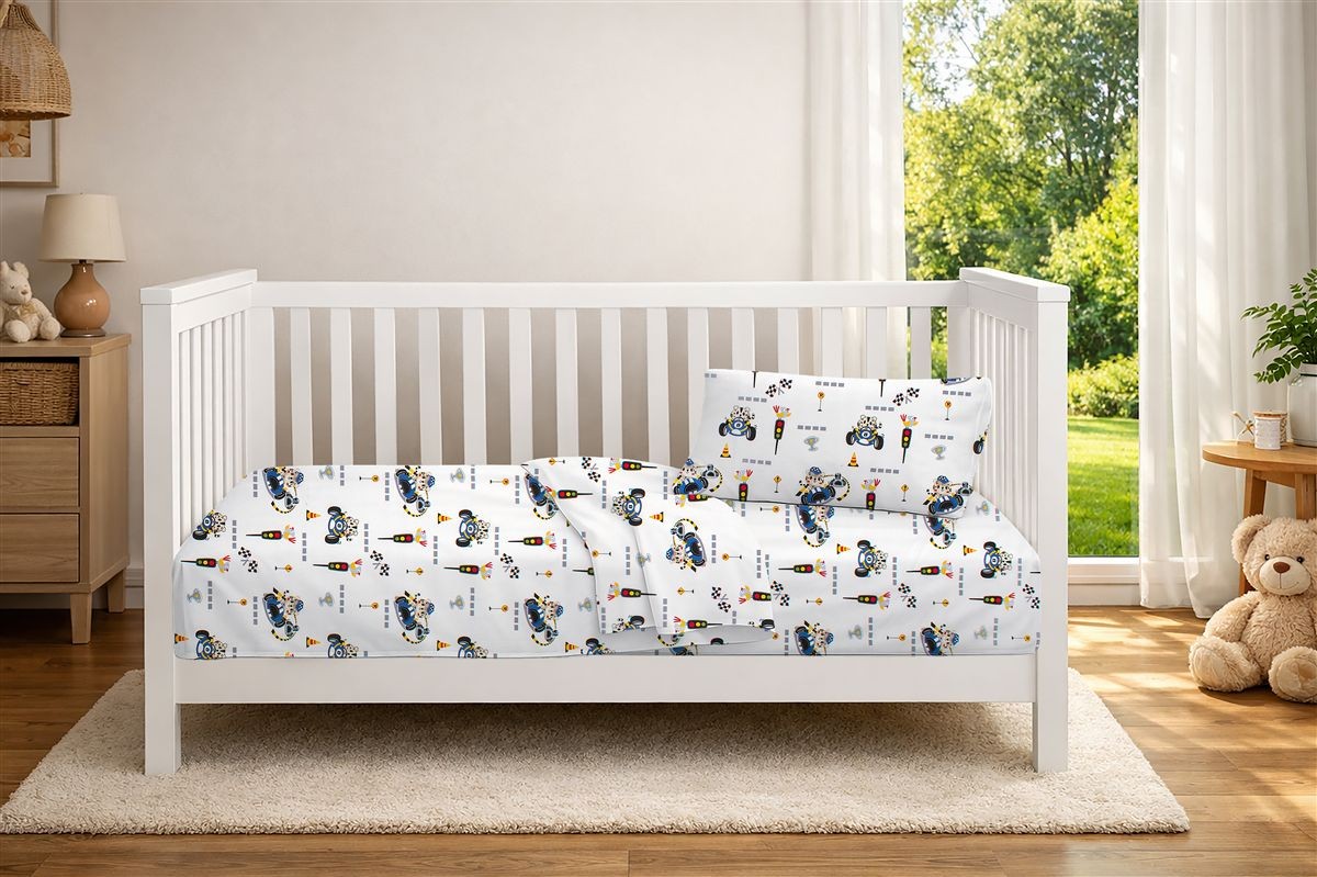 Παπλωματοθήκη Εμπριμέ bebe Animal Grand Prix 589 120X160 White-Blue 100% Cotton