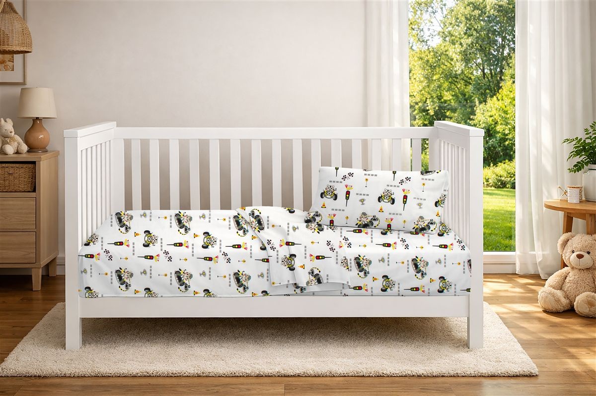 Παπλωματοθήκη Εμπριμέ bebe Animal Grand Prix 590 120X160 White-Olive 100% Cotton