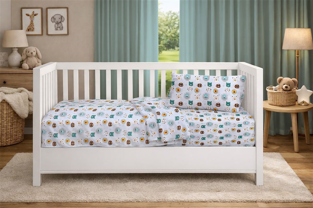 Παπλωματοθήκη Εμπριμέ bebe Big Cats 28 120X160 Light Aqua 100% Cotton