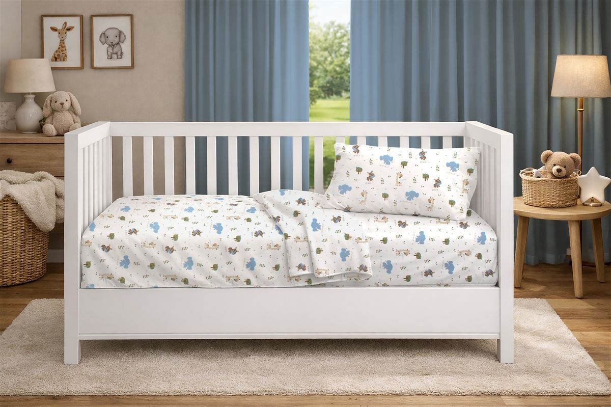Παπλωματοθήκη Εμπριμέ bebe Happy Safari 711 120X160 White-Sky Blue 100% Cotton