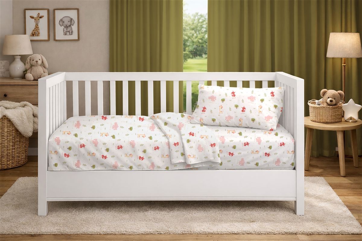Παπλωματοθήκη Εμπριμέ bebe Happy Safari 712 120X160 White-Pink 100% Cotton