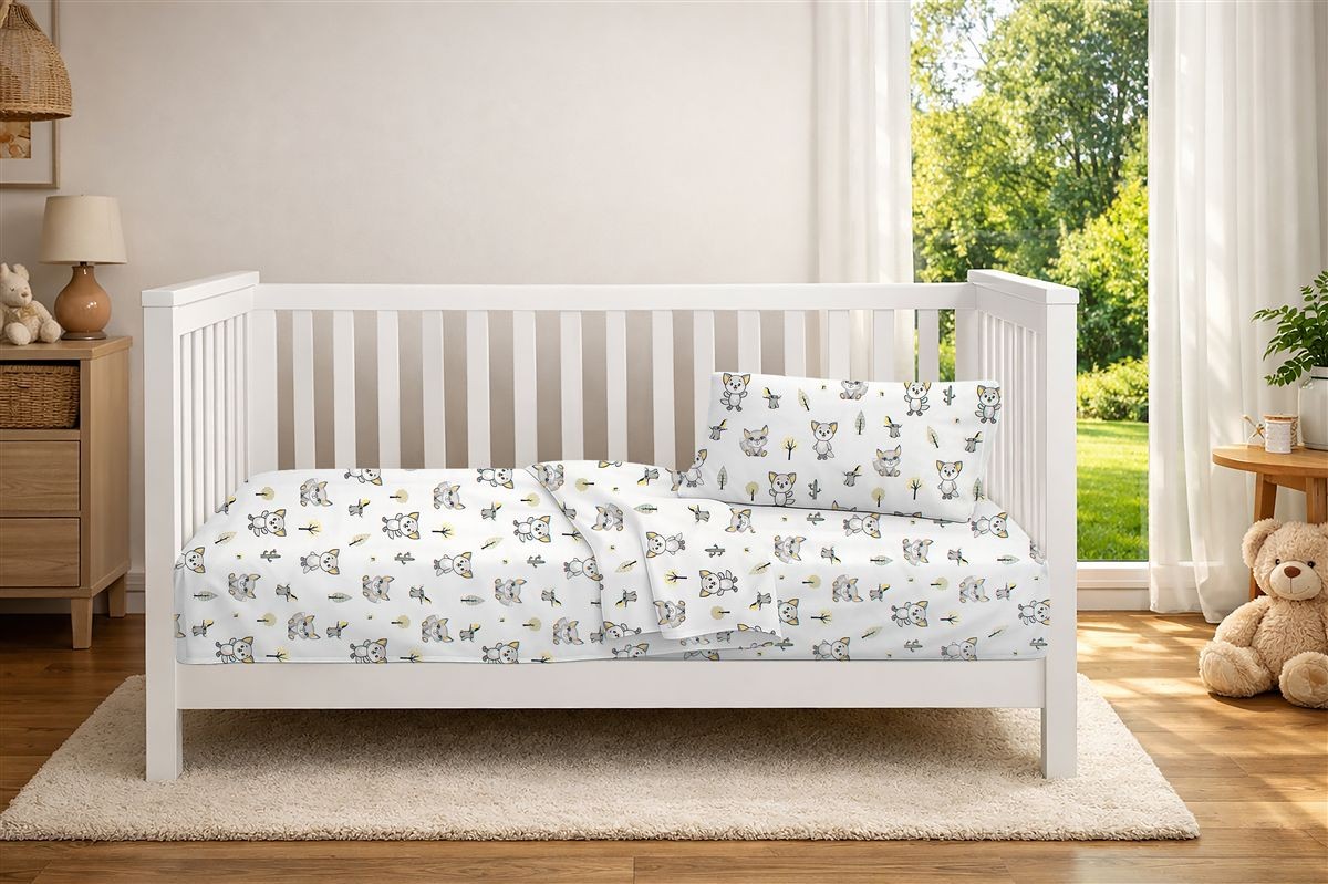 Σεντόνια Εμπριμέ Σετ 3 τεμ bebe Baby Foxes 595 120X160 White-Grey 100% Cotton