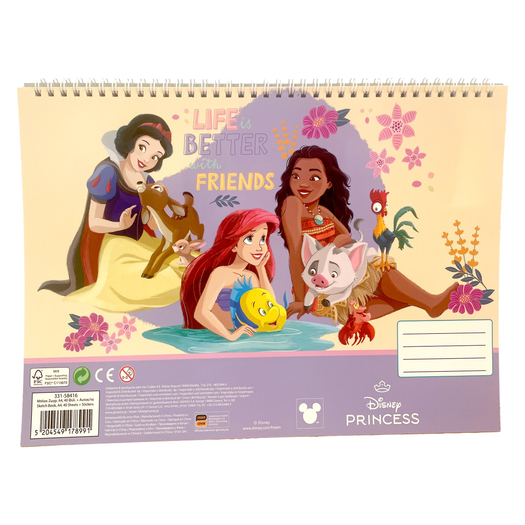 Disney Princess Life Μπλοκ Ζωγραφικής Α4 Σπιράλ με 40 Φύλλα και Αυτοκόλλητα