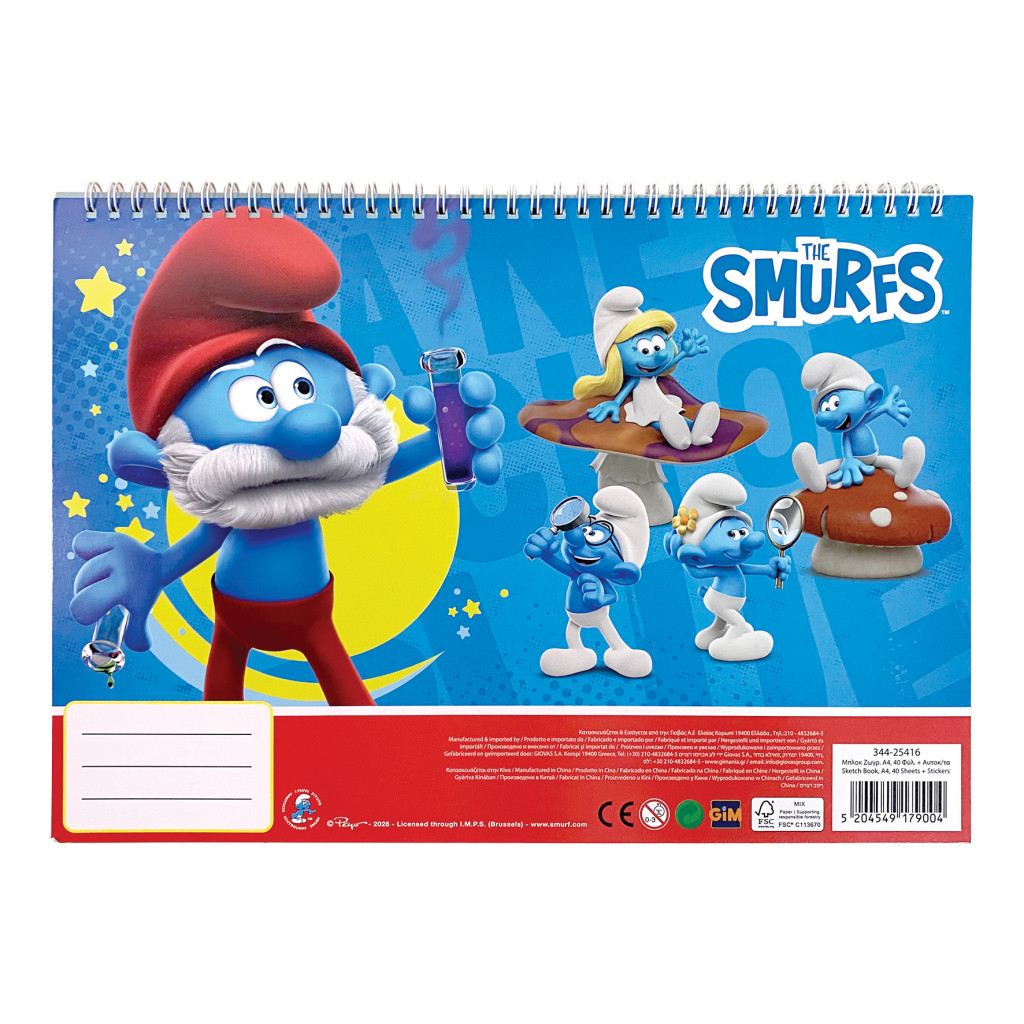 Smurfs Village Μπλοκ Ζωγραφικής Α4 Σπιράλ 40 Φύλλων με Αυτοκόλλητα