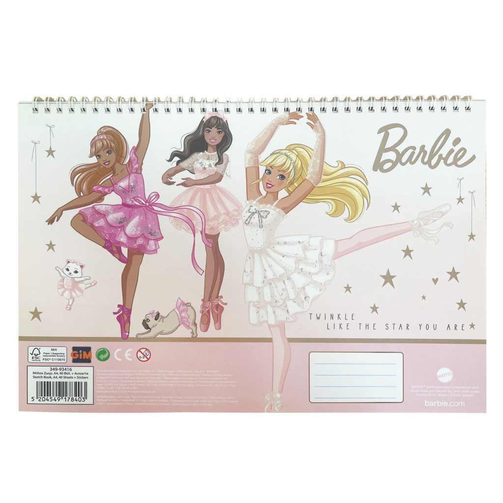Barbie Ballerina Σπιράλ Μπλοκ Ζωγραφικής Α4 με 40 Φύλλα και Αυτοκόλλητα