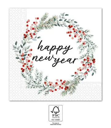 Alternative view of Happy New Year Wreath Happy New Year Χαρτοπετσέτες 3 Φύλλων 20 Τεμαχίων 33×33 εκ. FSC
